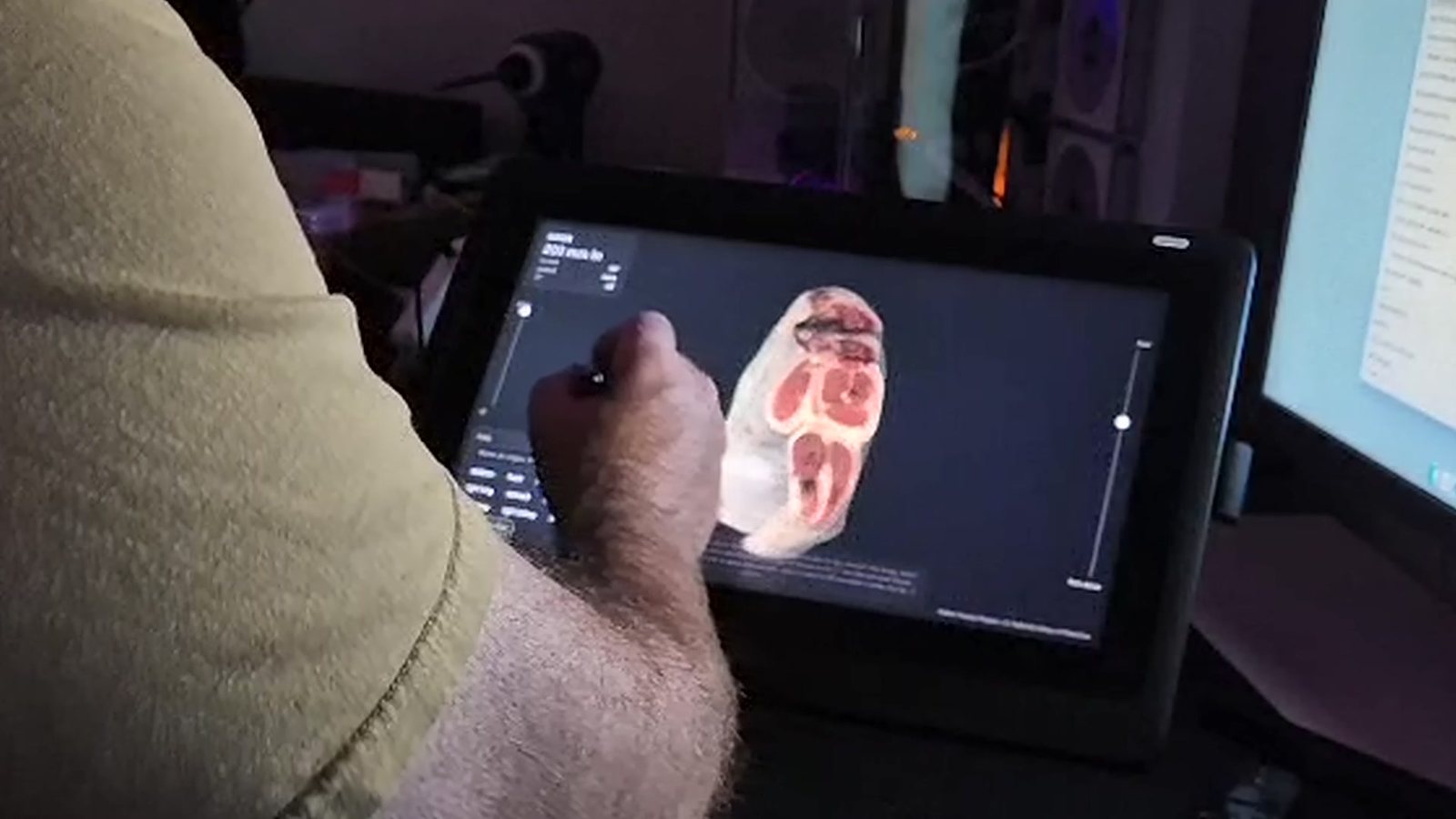 The cut torso turning under the pen